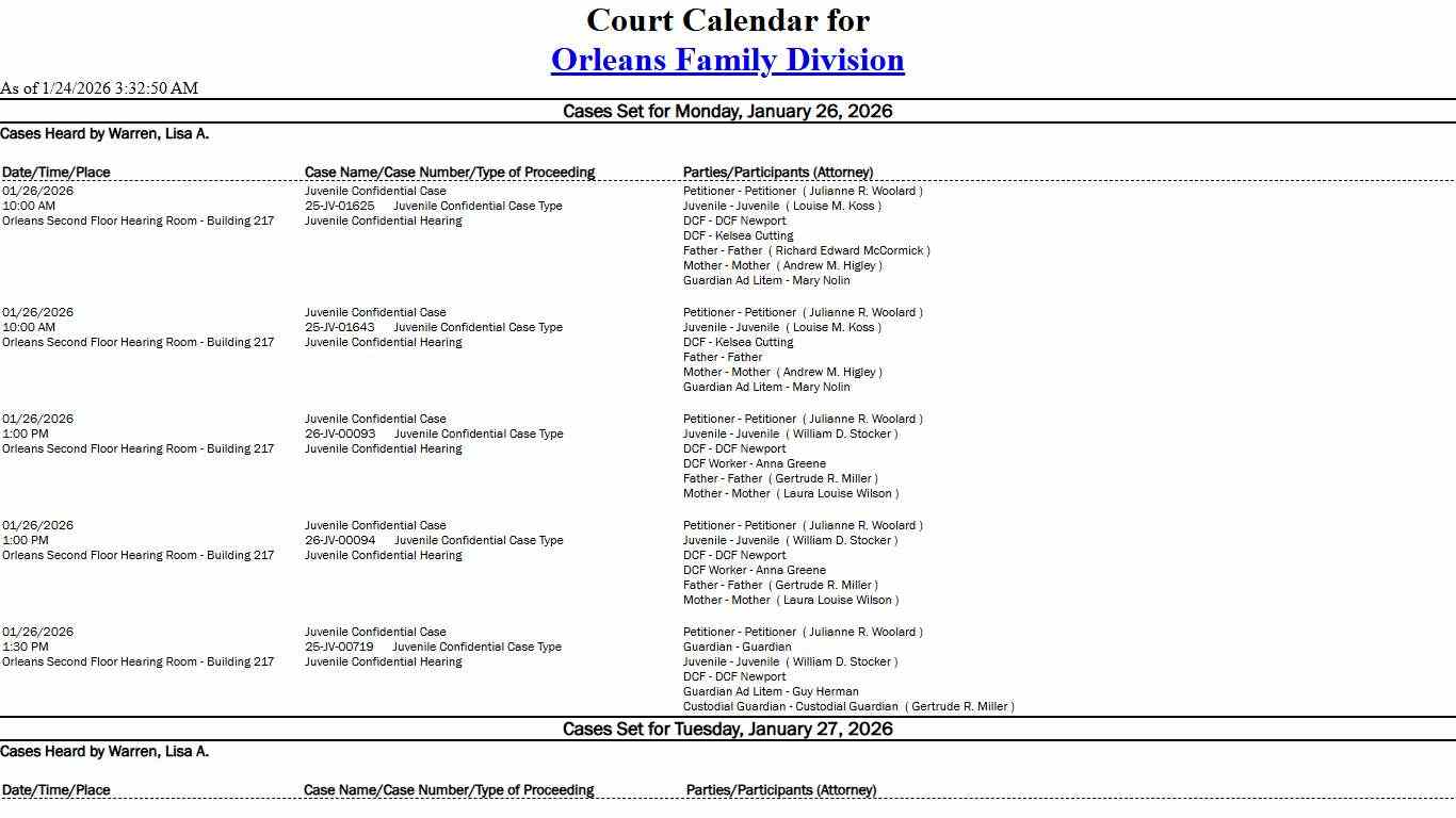 Orleans Family Division Calendar